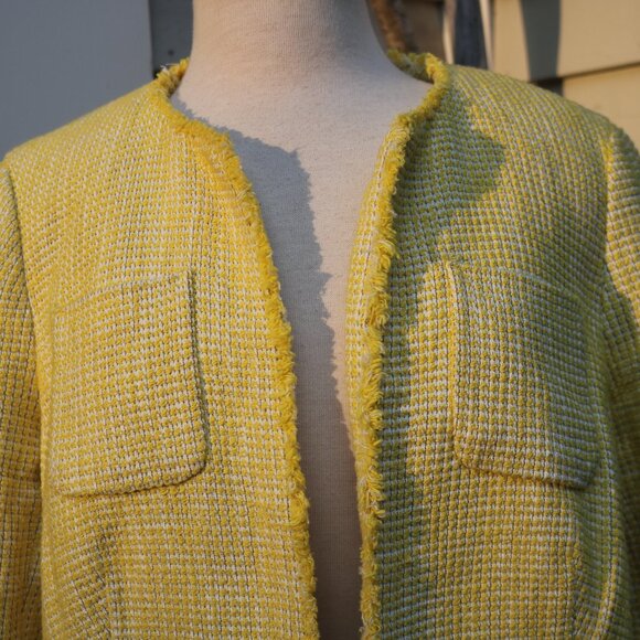 Talbots Plus Size Wide Petite Yellow White Boucle w Fringe Open Jacket Sz 16WP - Picture 4 of 9